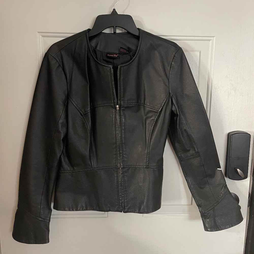 Women’s black leather dress coat
